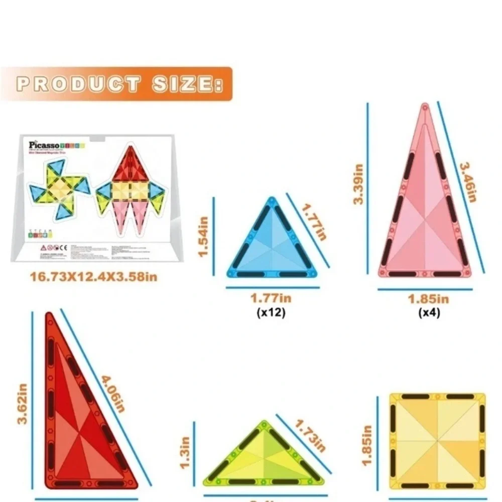 36-Piece Mini Diamond Magnetic Tiles Set - Red, Blue, Yellow